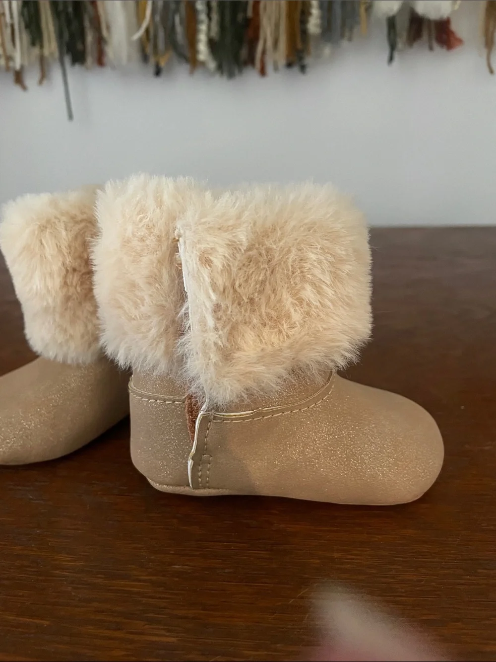 Faux Fur Trim Baby Booties - Beige Sparkle Laura Ashley  size 1